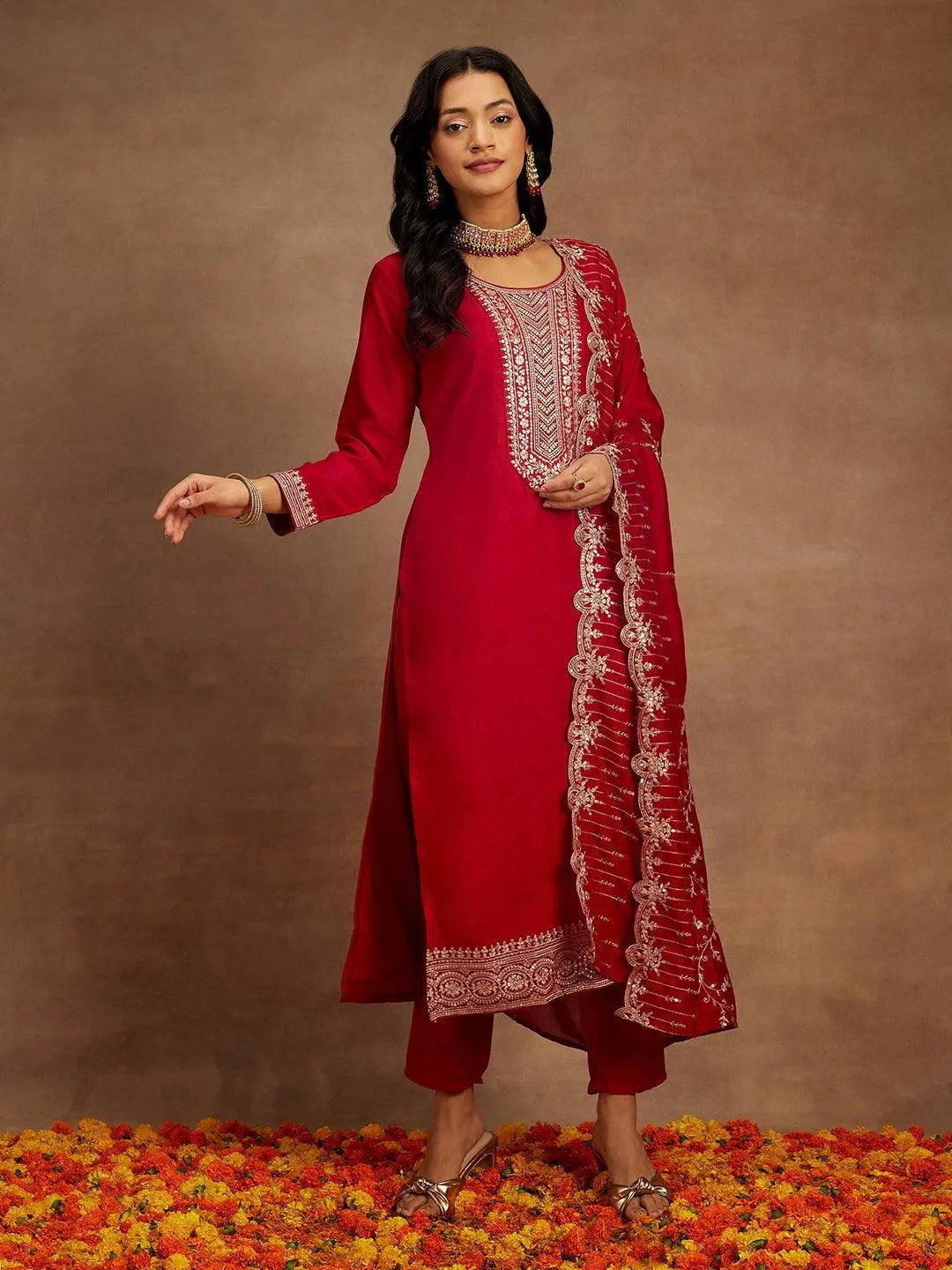 Hot Pink Yoke Design Silk Blend Straight Kurta With Trousers & Dupatta - Libas 