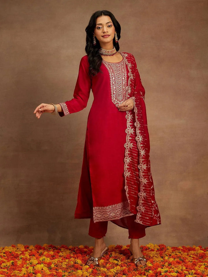 Hot Pink Yoke Design Silk Blend Straight Kurta With Trousers & Dupatta - Libas