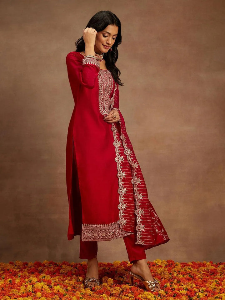 Hot Pink Yoke Design Silk Blend Straight Kurta With Trousers & Dupatta - Libas