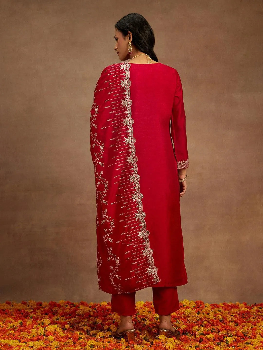 Hot Pink Yoke Design Silk Blend Straight Kurta With Trousers & Dupatta - Libas 