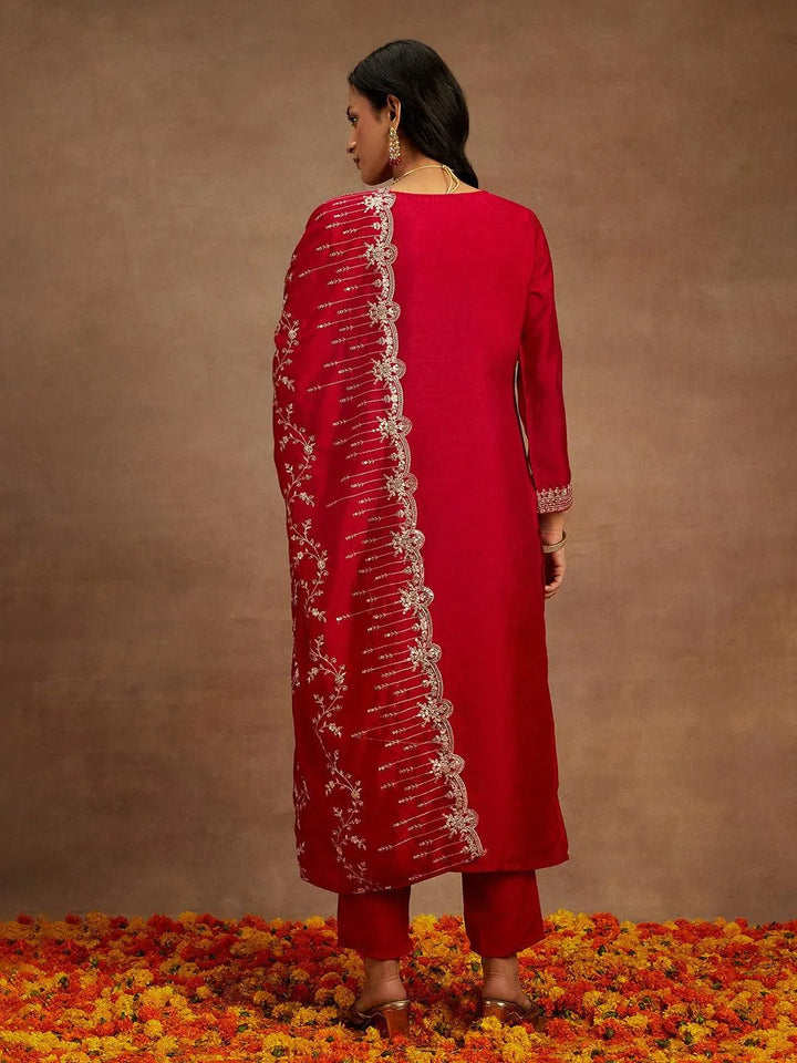 Hot Pink Yoke Design Silk Blend Straight Kurta With Trousers & Dupatta - Libas