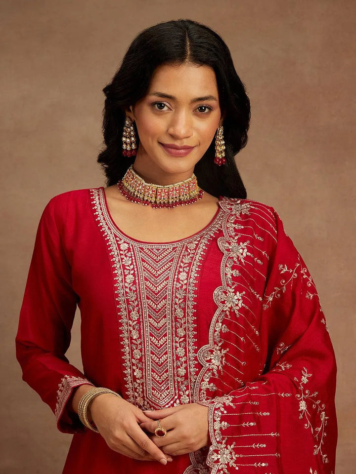 Hot Pink Yoke Design Silk Blend Straight Kurta With Trousers & Dupatta - Libas