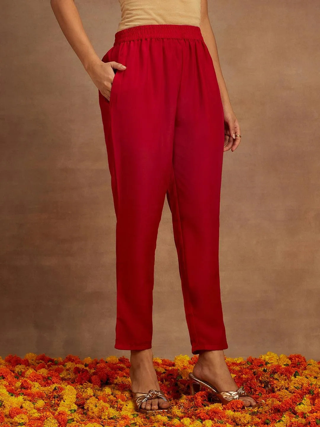 Hot Pink Yoke Design Silk Blend Straight Kurta With Trousers & Dupatta - Libas 