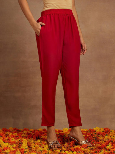 Hot Pink Yoke Design Silk Blend Straight Kurta With Trousers & Dupatta - Libas