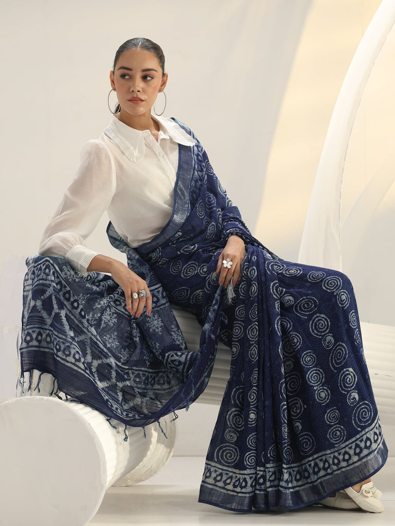 Libas Indigo Dabu Print Cotton Saree