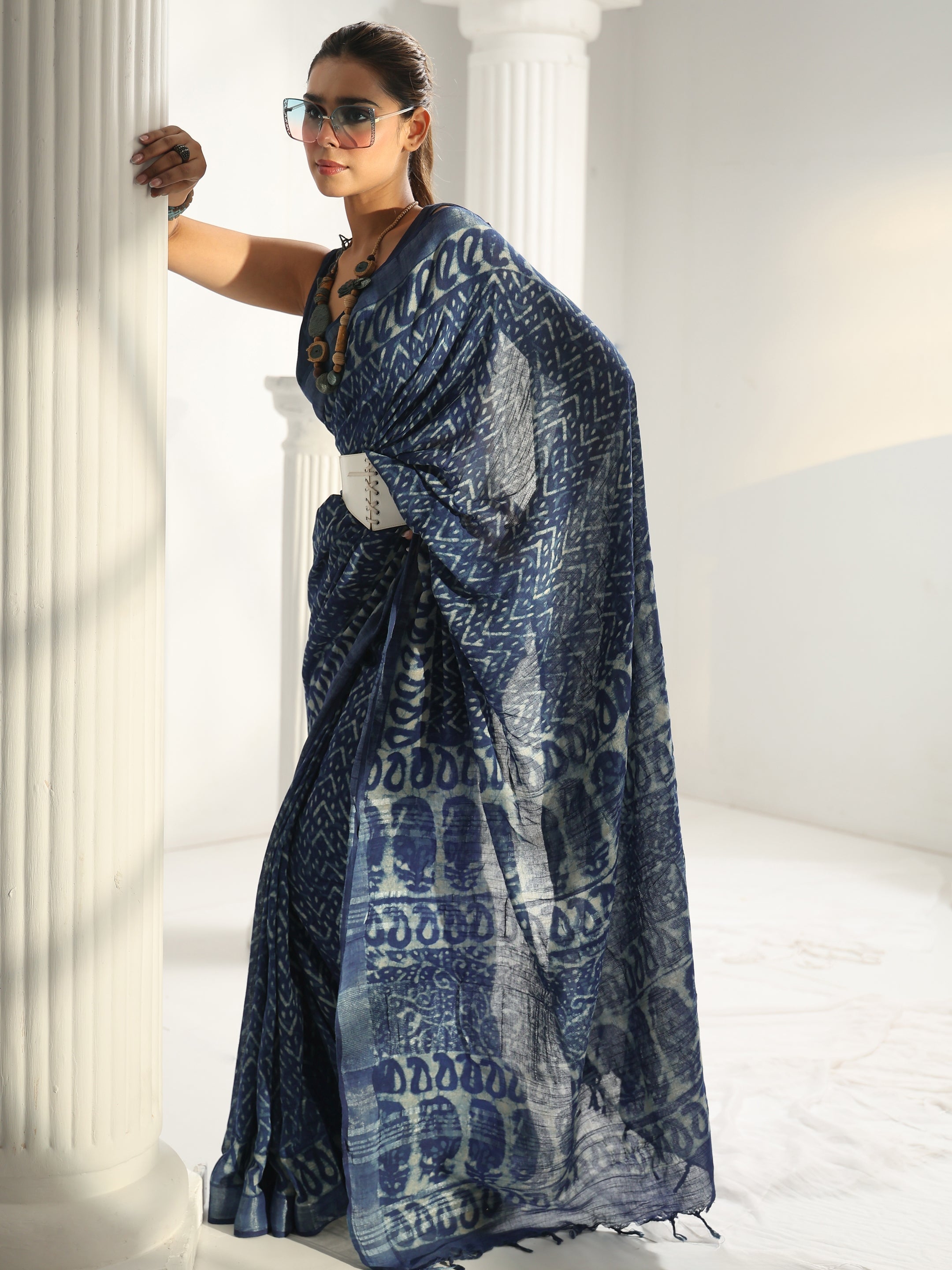 libas Indigo Dabu Print Cotton Saree-picture-11