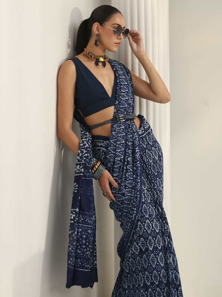 Libas Indigo Dabu Print Cotton Saree