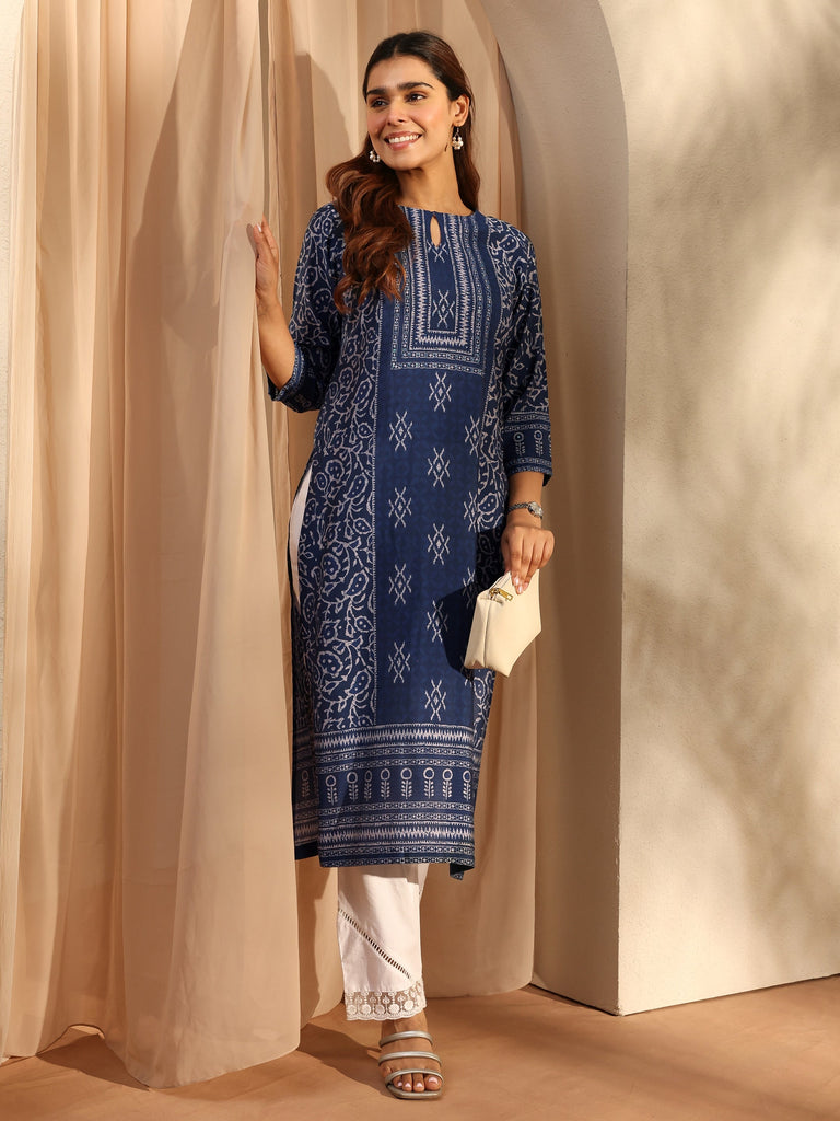Libas Indigo Ethnic Motif Printed Silk Blend Straight Kurta
