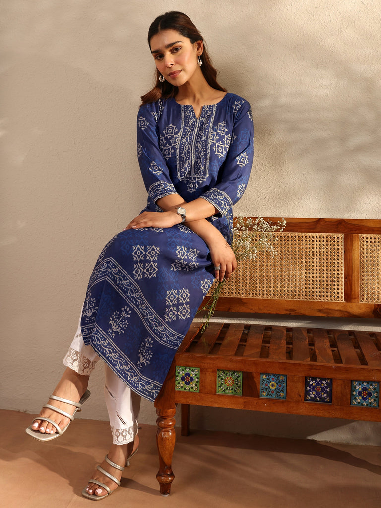 Libas Indigo Ethnic Motif Printed Silk Blend Straight Kurta