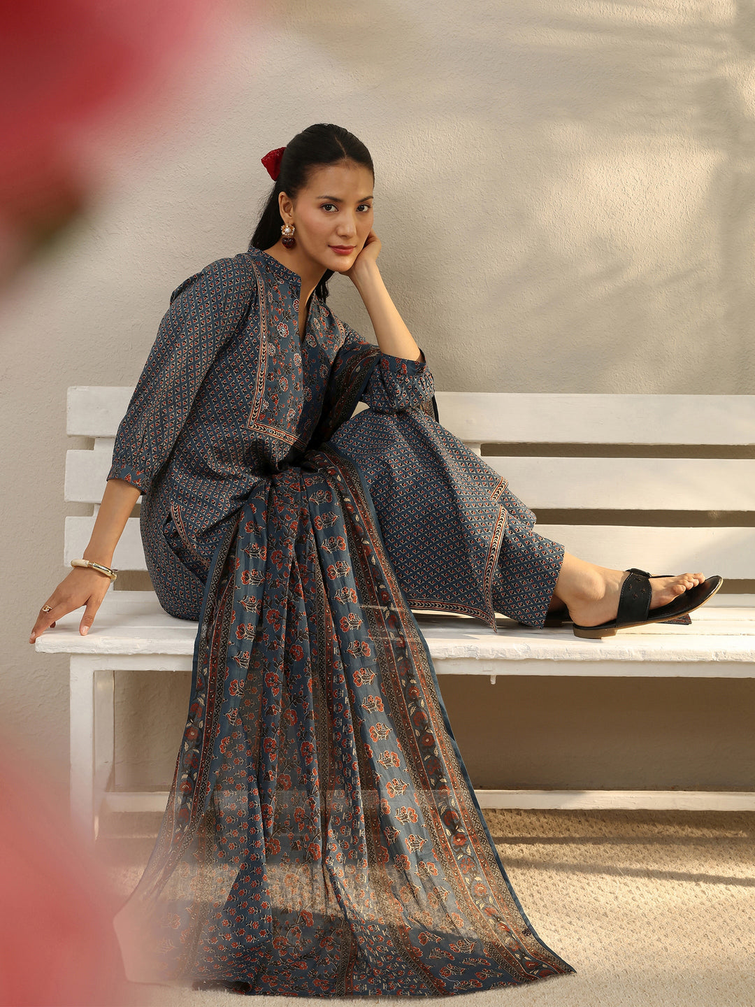  Indigo Floral Printed Cotton Straight Suit Set 