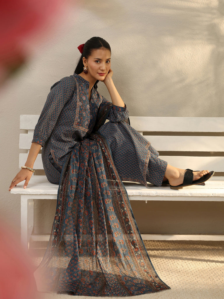 Libas Indigo Floral Printed Cotton Straight Suit Set