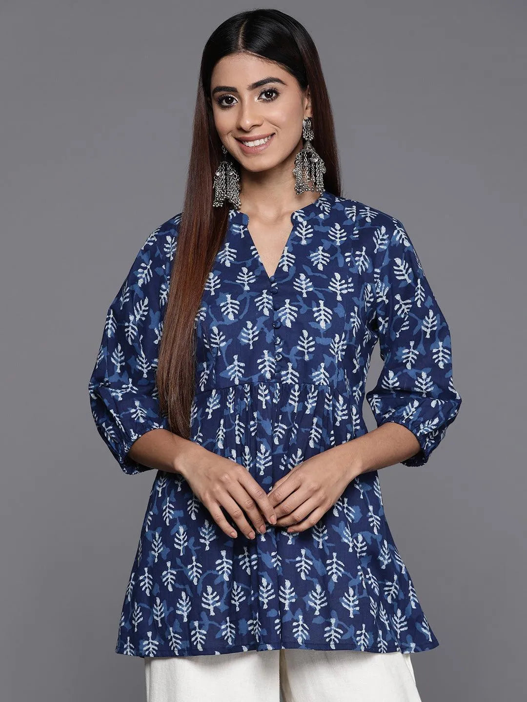 Indigo Printed Cotton A-Line Kurti - Libas