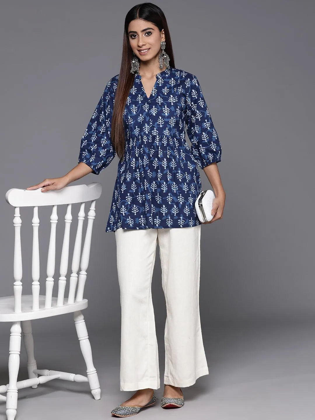 Indigo Printed Cotton A-Line Kurti - Libas