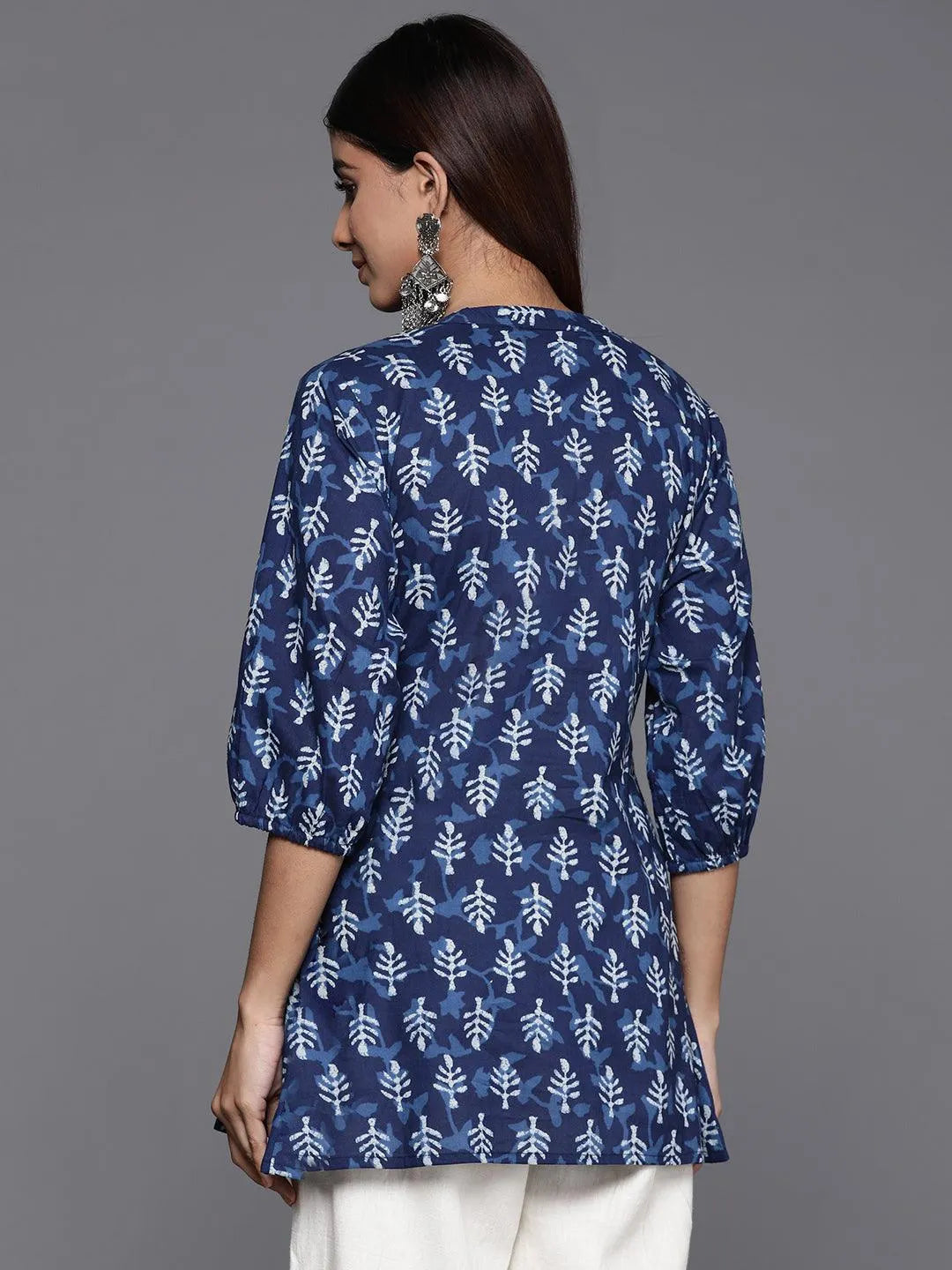 Indigo Printed Cotton A-Line Kurti - Libas 