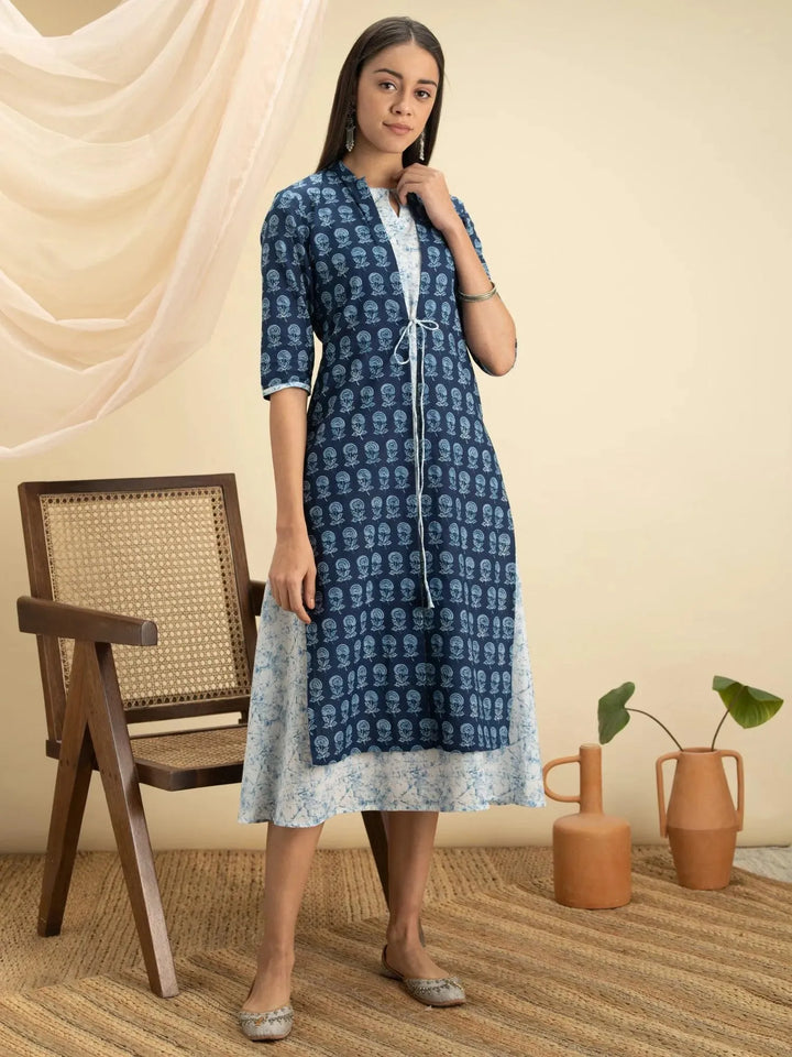 Indigo Printed Cotton Dress With Jacket - Libas