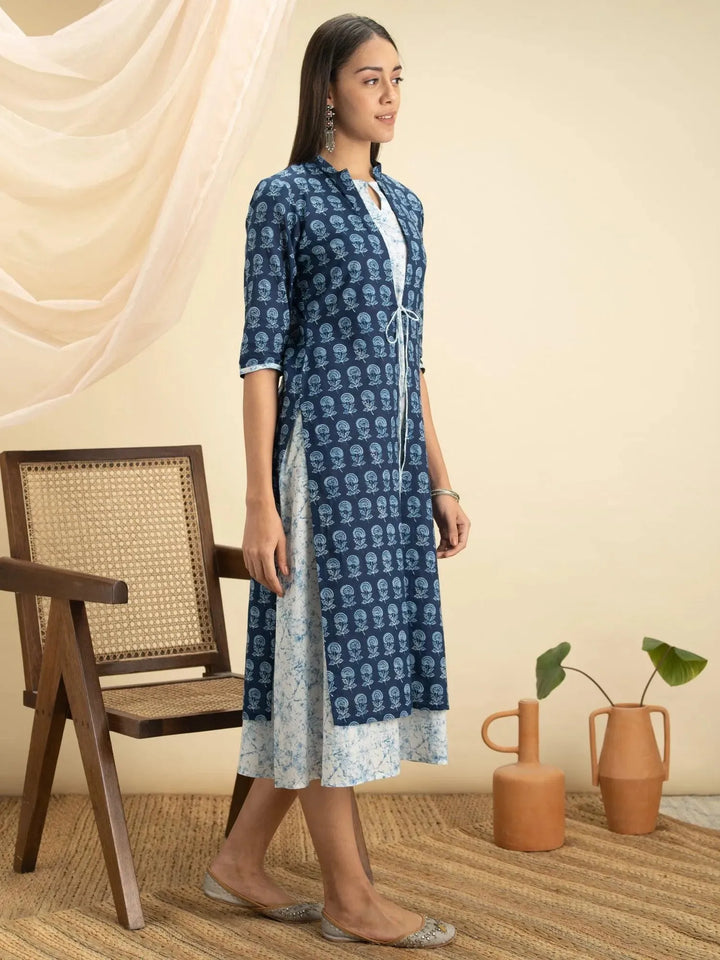 Indigo Printed Cotton Dress With Jacket - Libas