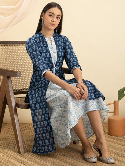 Indigo Printed Cotton Dress With Jacket - Libas