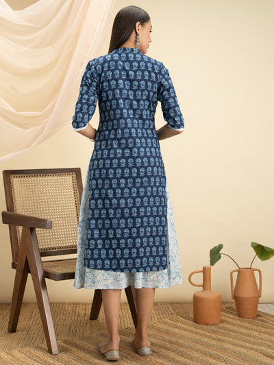 Indigo Printed Cotton Dress With Jacket - Libas