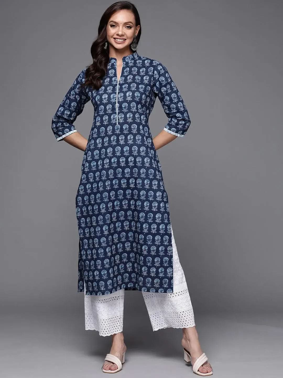 Indigo Printed Cotton Straight Kurta - Libas 