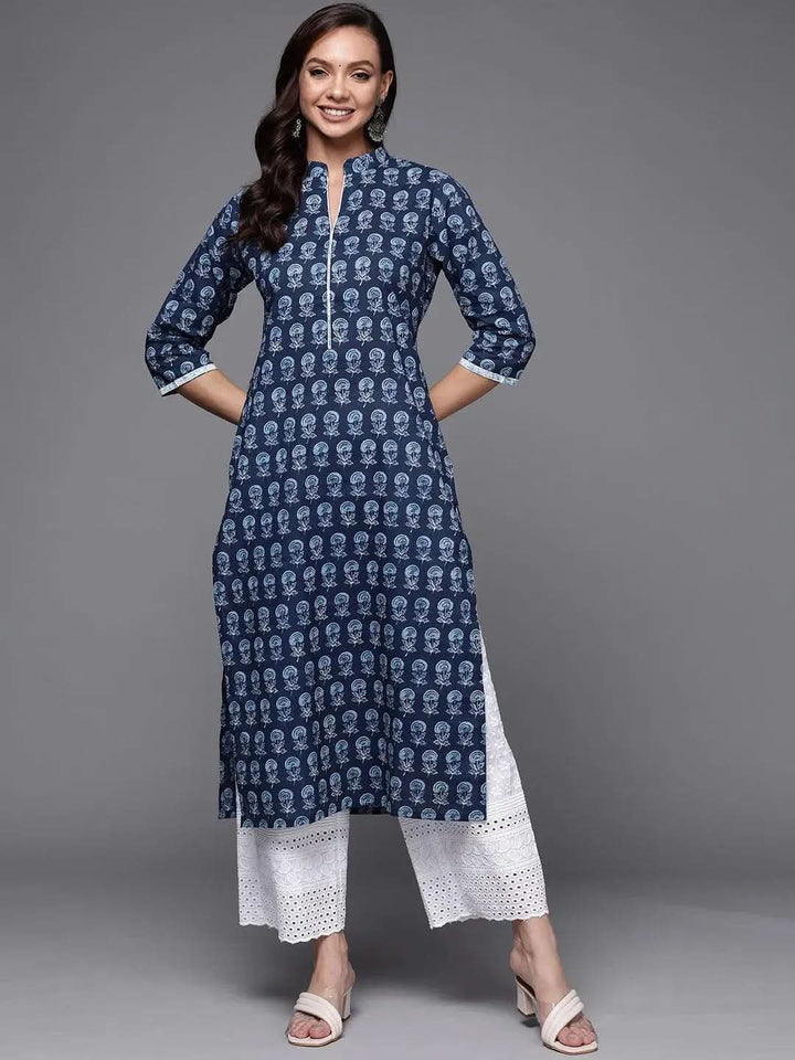 Indigo Printed Cotton Straight Kurta - Libas