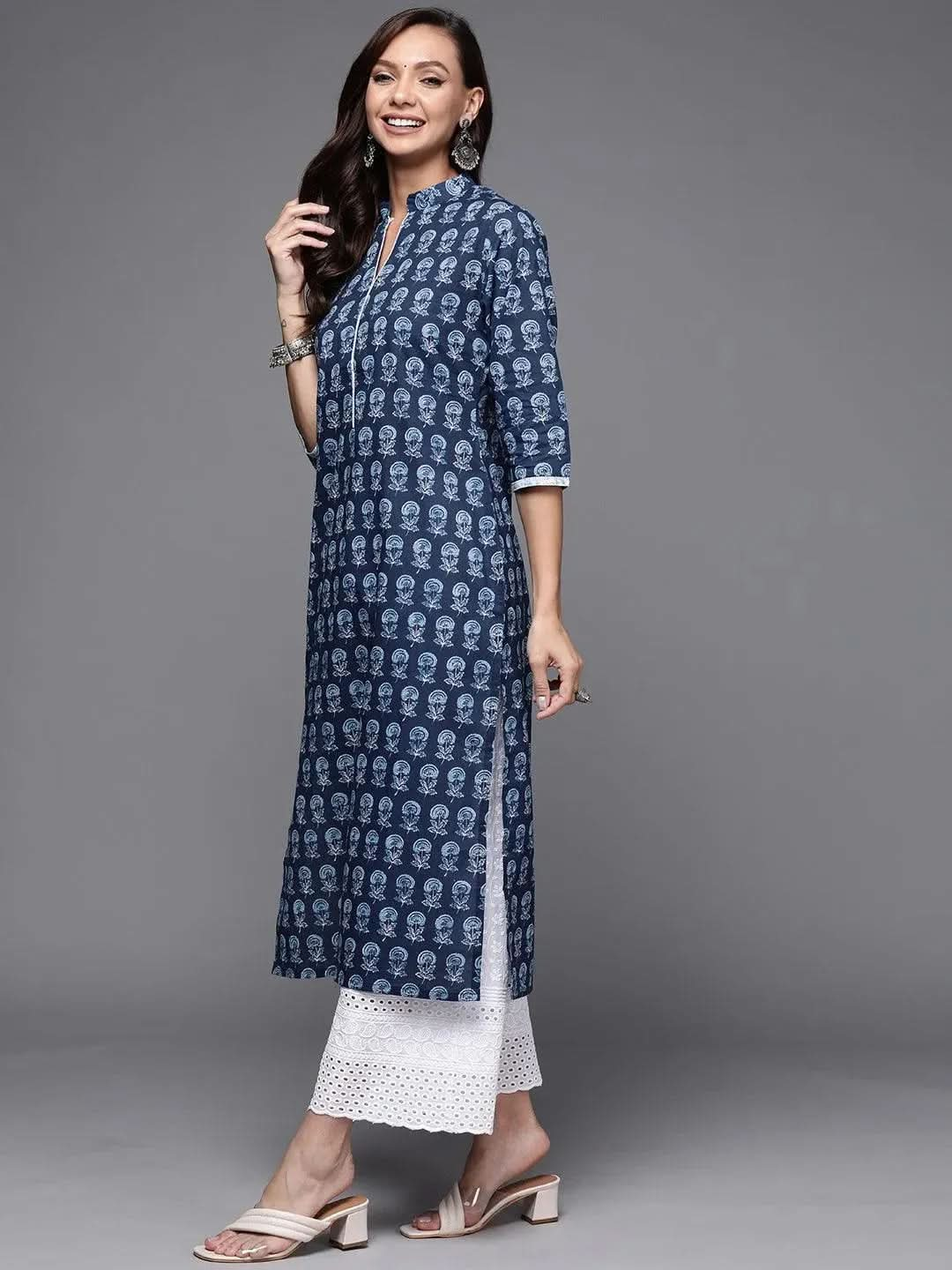 Indigo Printed Cotton Straight Kurta - Libas