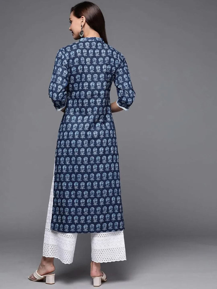 Indigo Printed Cotton Straight Kurta - Libas