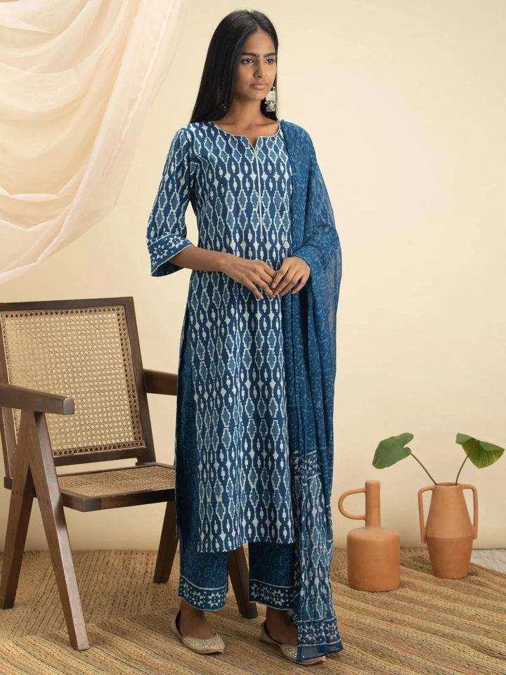 Indigo Printed Cotton Suit Set - Libas