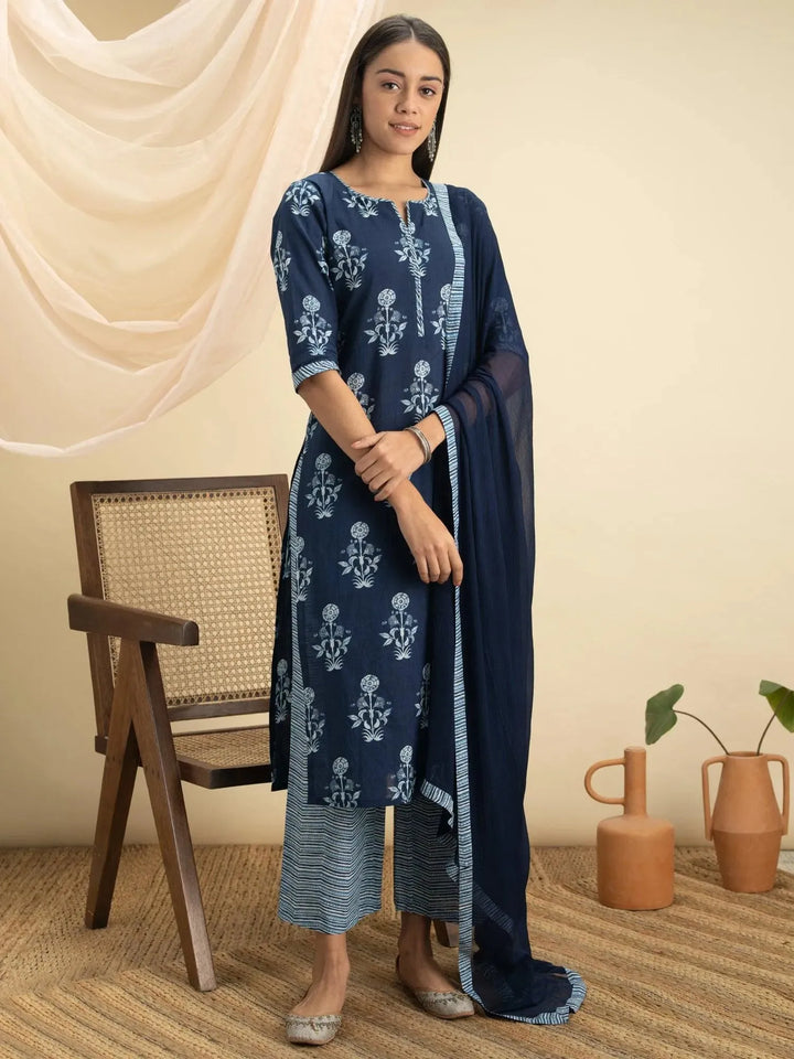 Indigo Printed Cotton Suit Set - Libas