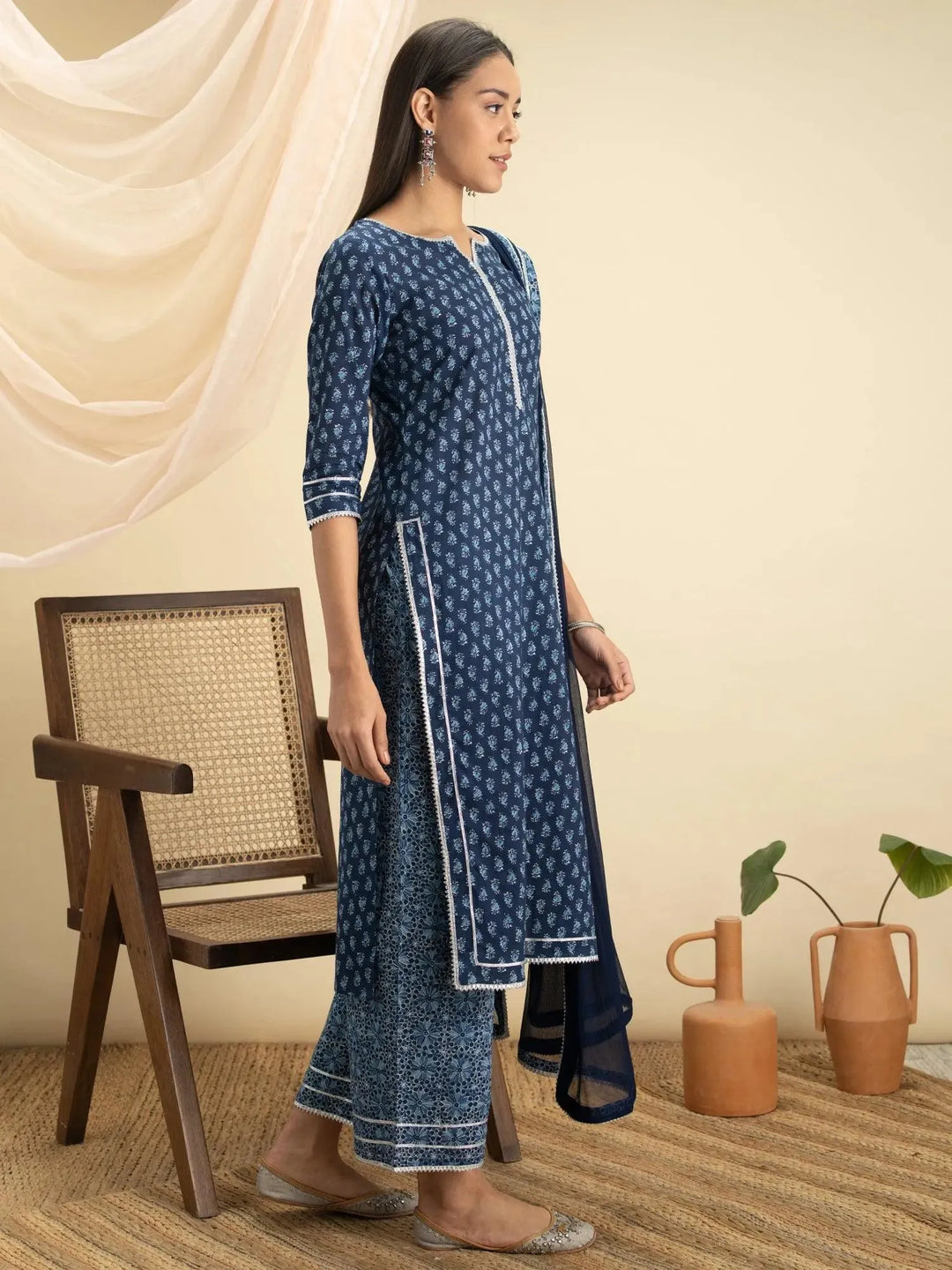 Indigo Printed Cotton Suit Set - Libas