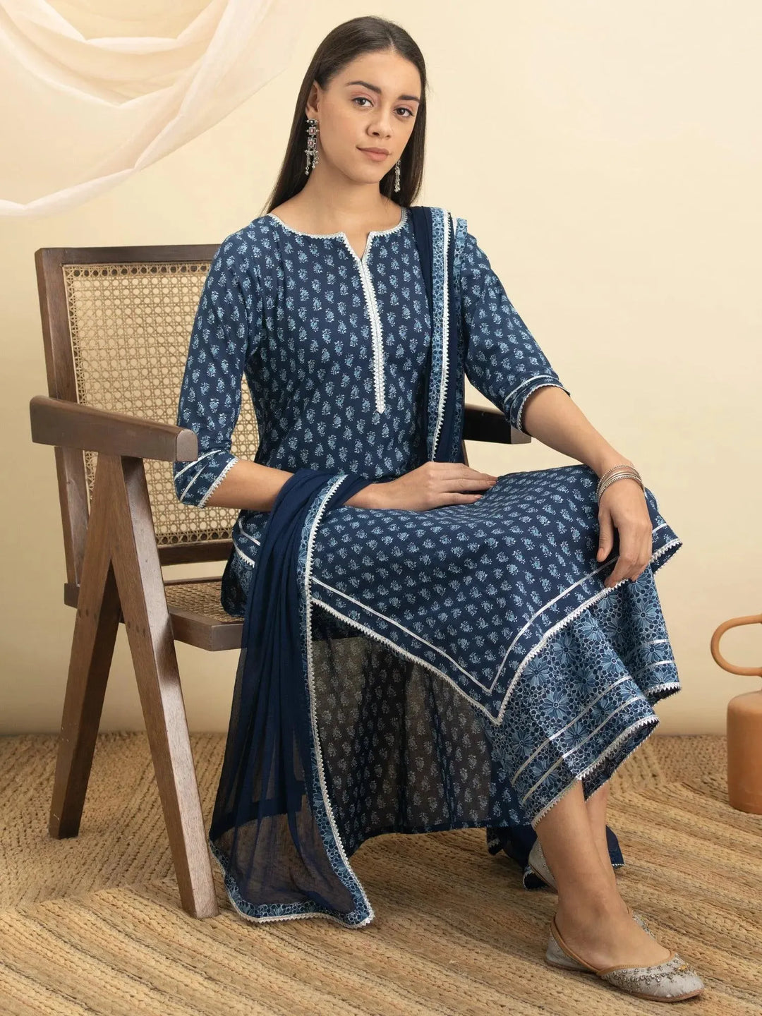 Indigo Printed Cotton Suit Set - Libas 