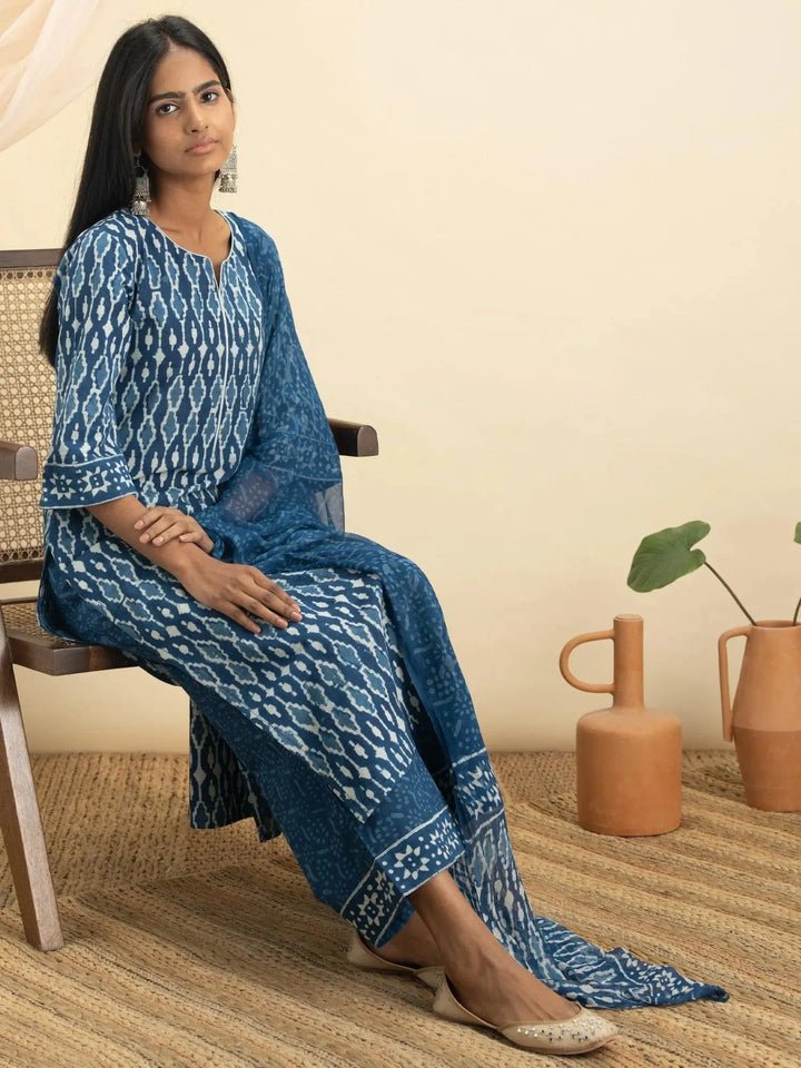 Indigo Printed Cotton Suit Set - Libas