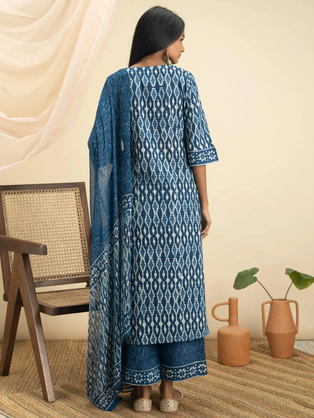 Indigo Printed Cotton Suit Set - Libas 