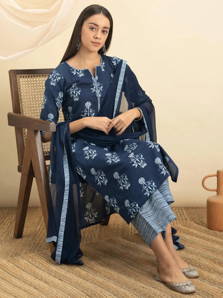 Indigo Printed Cotton Suit Set - Libas