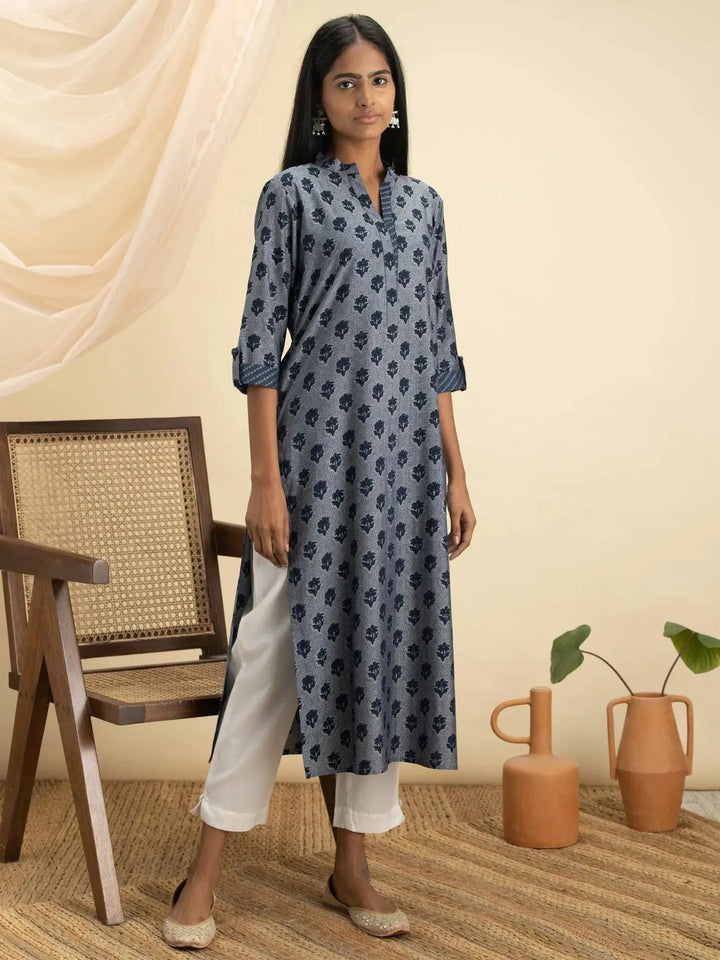 Indigo Printed Rayon Kurta - Libas