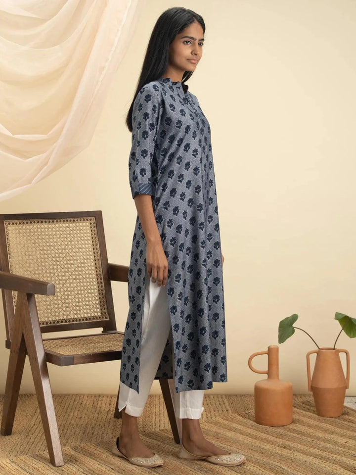 Indigo Printed Rayon Kurta - Libas