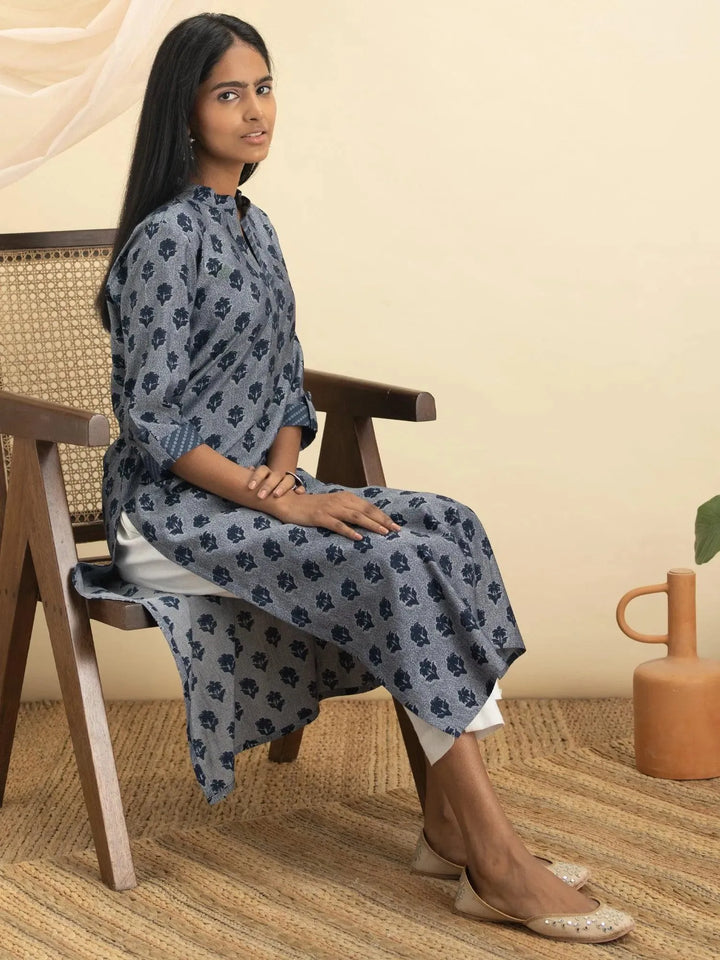 Indigo Printed Rayon Kurta - Libas