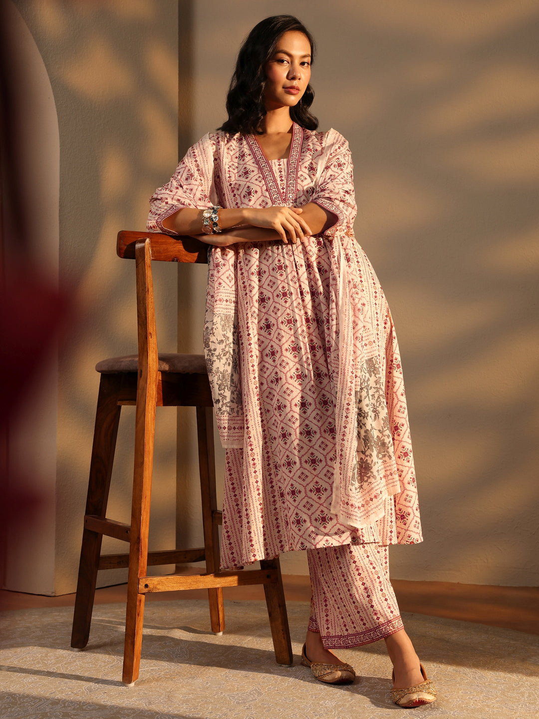  Ivory Ethnic Motif Printed Cotton A-Line Suit Set With Dupatta 