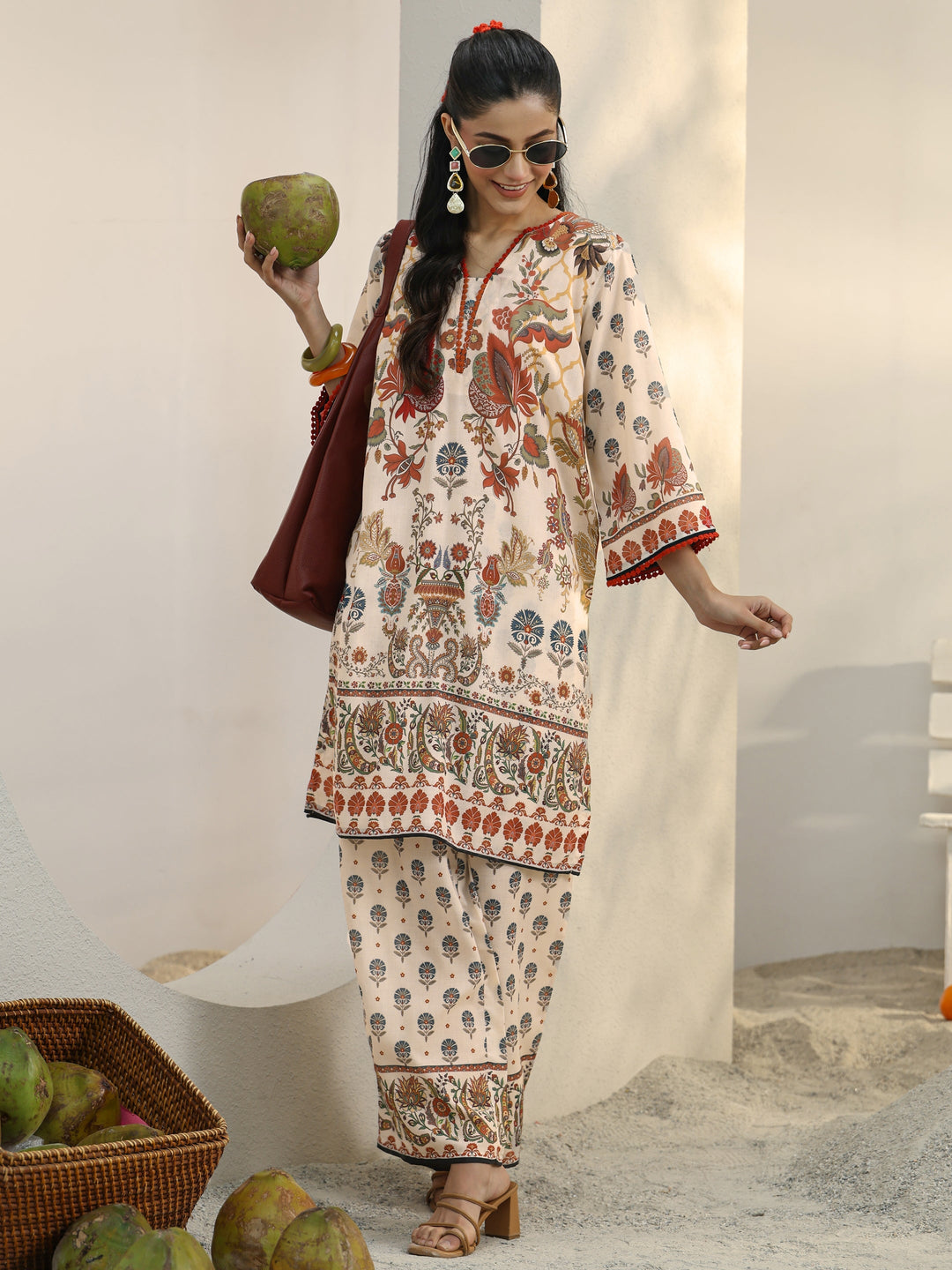  Ivory Ethnic Printed Cotton Blend Co-Ord Set 