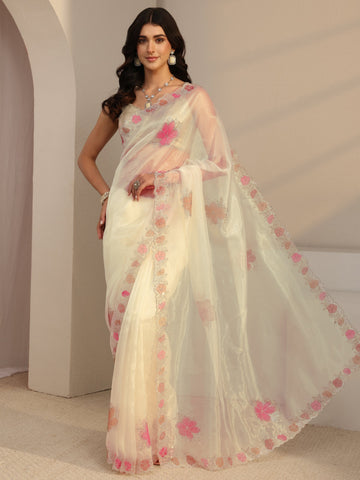 Libas Ivory Floral Embellished Organza Sareewith Unstitched Blouse Piece