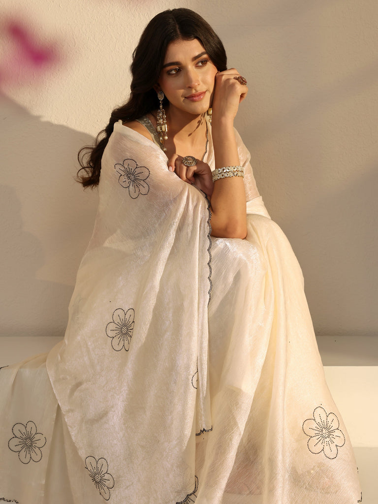 Libas Ivory Floral Embellished Tissue Saree With Unstitched Blouse Piece