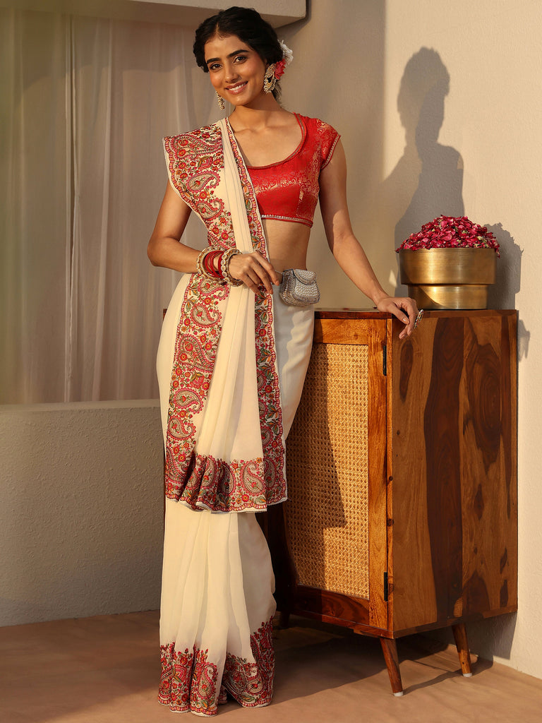 Libas Ivory Floral Embroidered Border Georgette Saree
