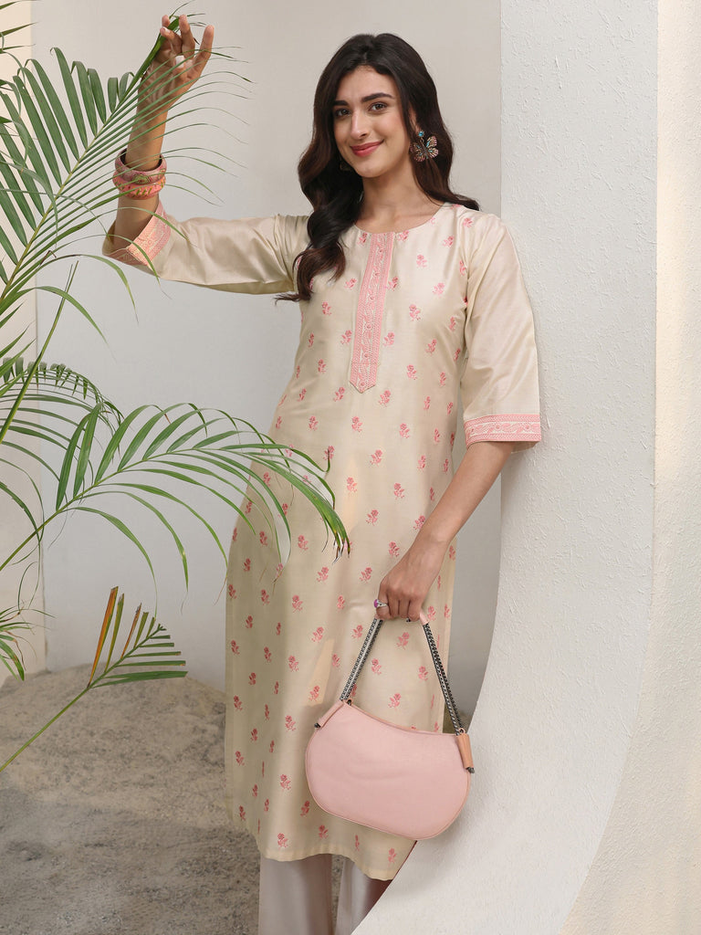 Libas Ivory Floral Embroidered Silk Blend Straight Kurta Set