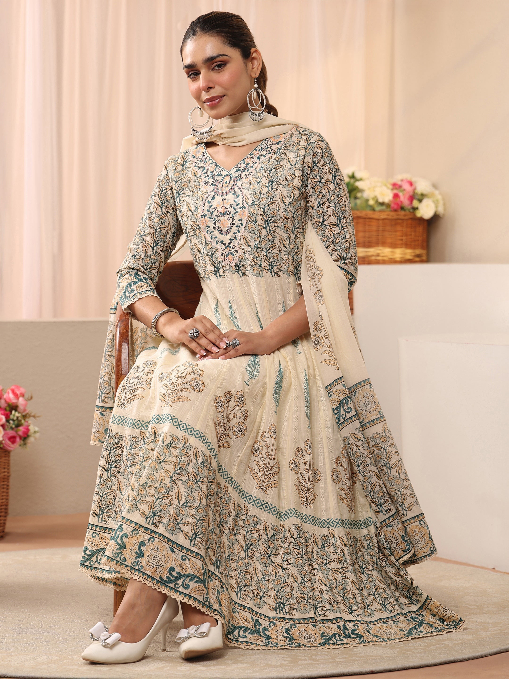 Ivory Floral Printed Cotton Straight Suit Set-image-48