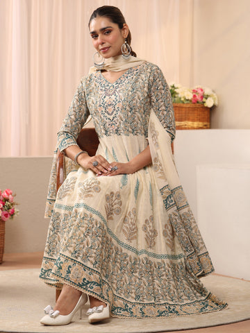 Ivory Floral Printed Cotton Straight Suit Set