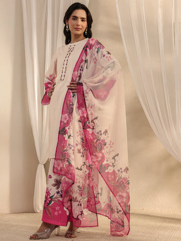 Libas Ivory Floral Printed Silk Blend Straight Suit Set With Dupatta