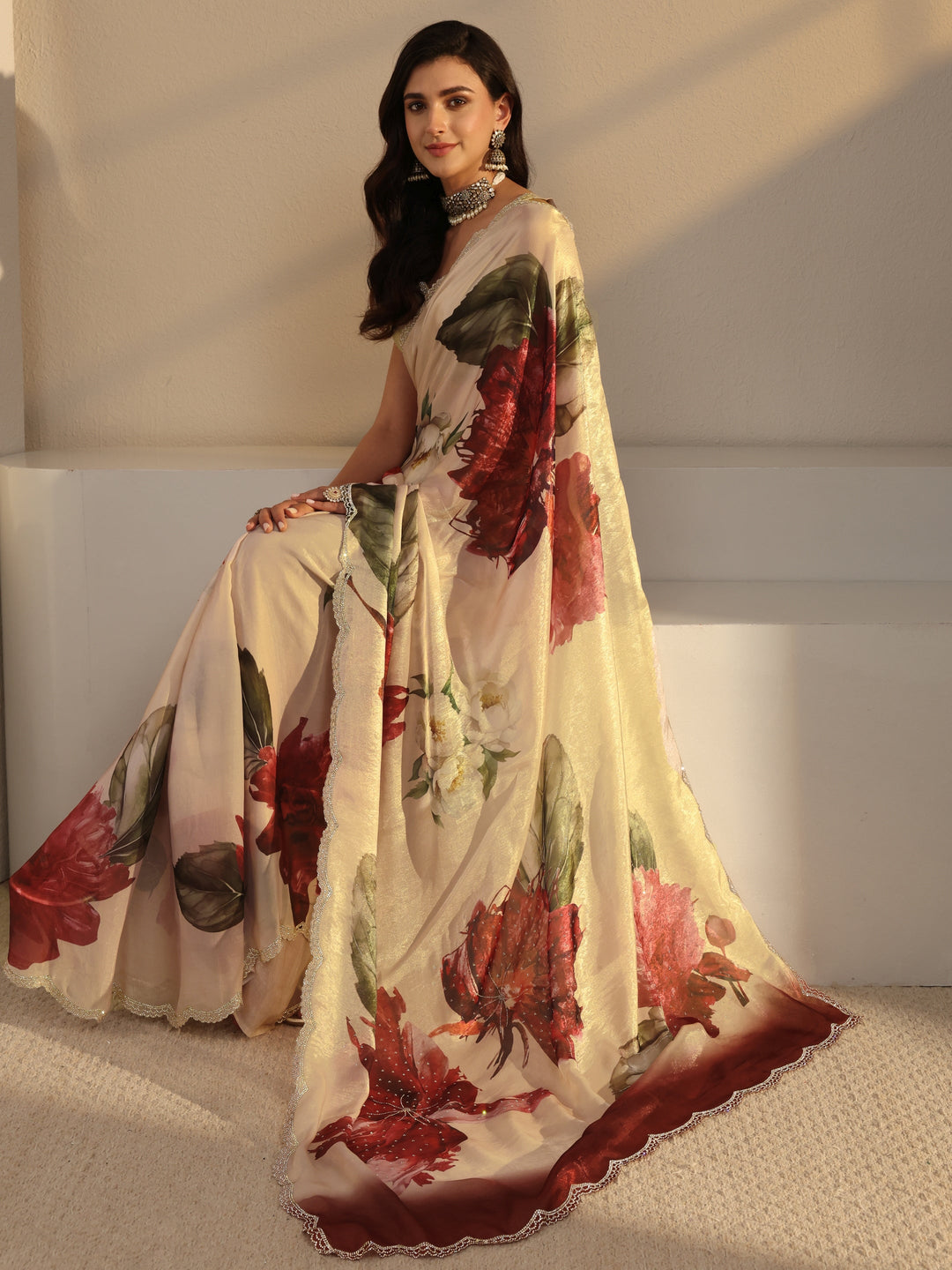 Ivory Floral Printed Tissue Saree With Unstitched Blouse Piece