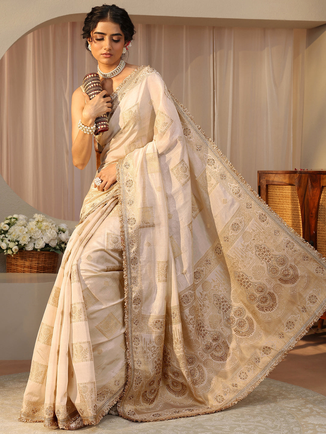  Ivory Floral Woven Design Silk Blend Saree 