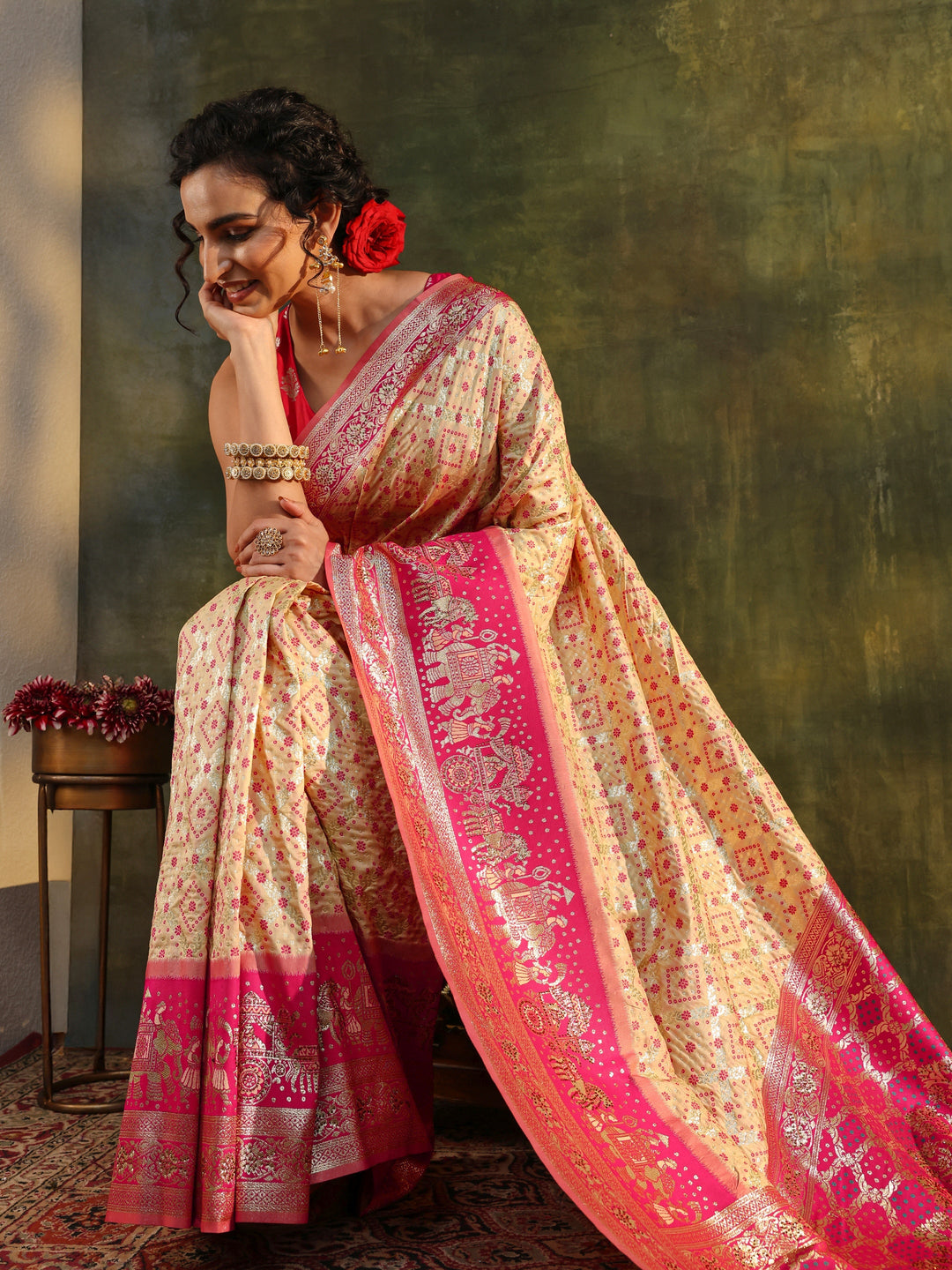  Ivory Gharchola Woven Design Silk Blend Saree With Unstitched Blouse Piece 