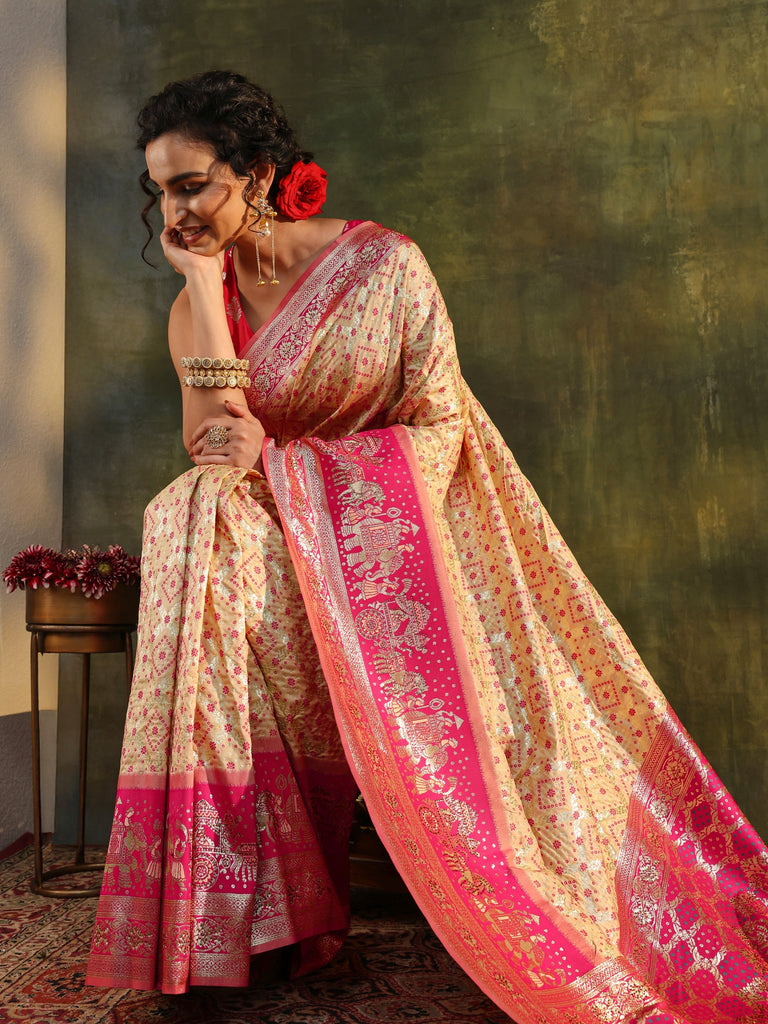 Libas Ivory Gharchola Woven Design Silk Blend Saree With Unstitched Blouse Piece