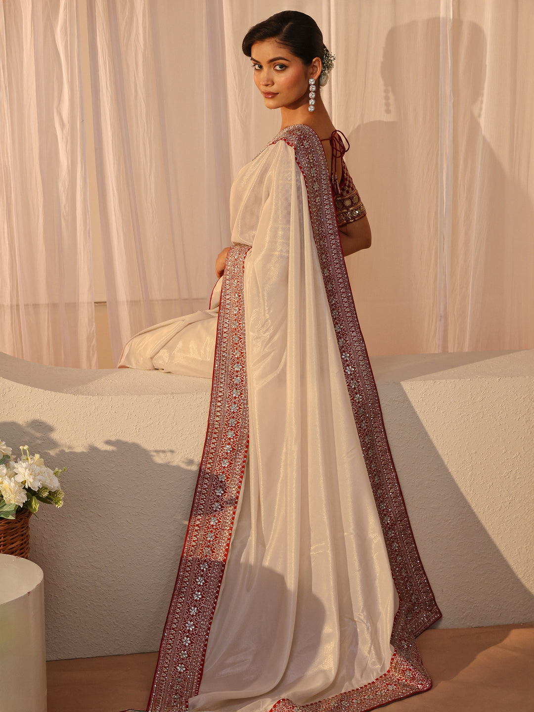  Ivory Satin Saree With Floral Border 